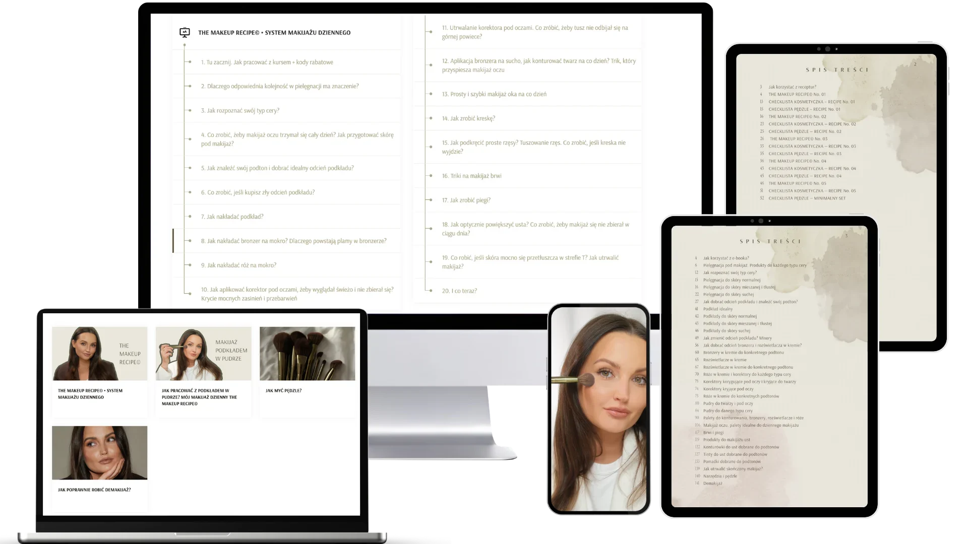 Wnętrze kursu The Makeup Recipe: lista lekcji, moduły wideo i spisy treści ebooków na komputerze, laptopie, telefonie i tabletach
